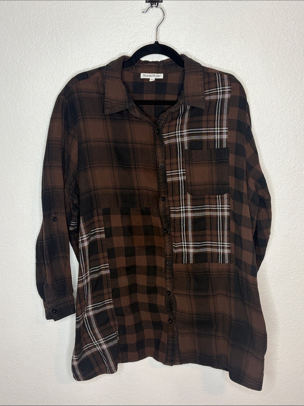 North Style Brown Patchwork Plaid Flannel Button Down Shirt Size 2X Fall